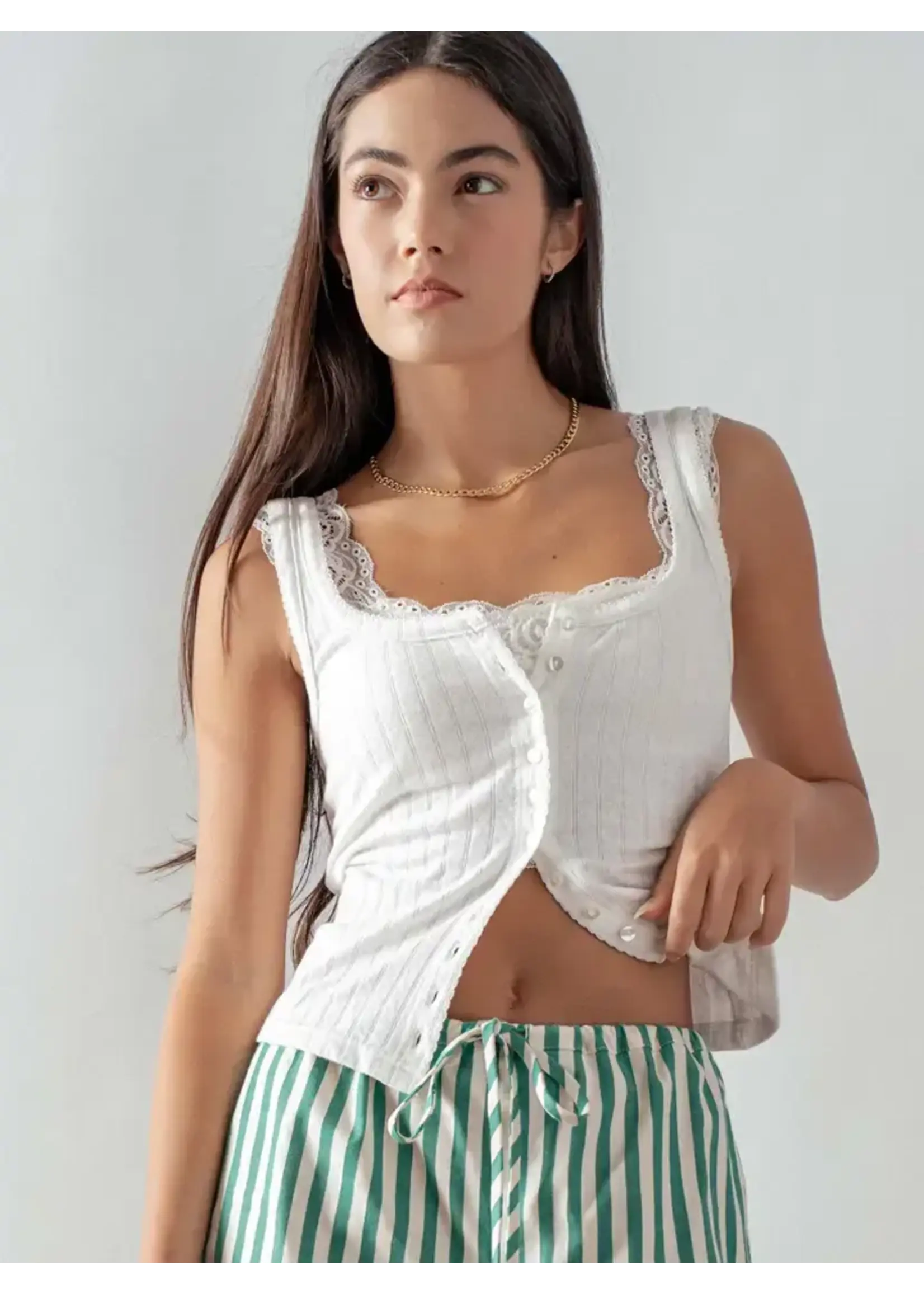 Urban Daizy UD Ribbed Cotton Button-Front Picot Trim Tank