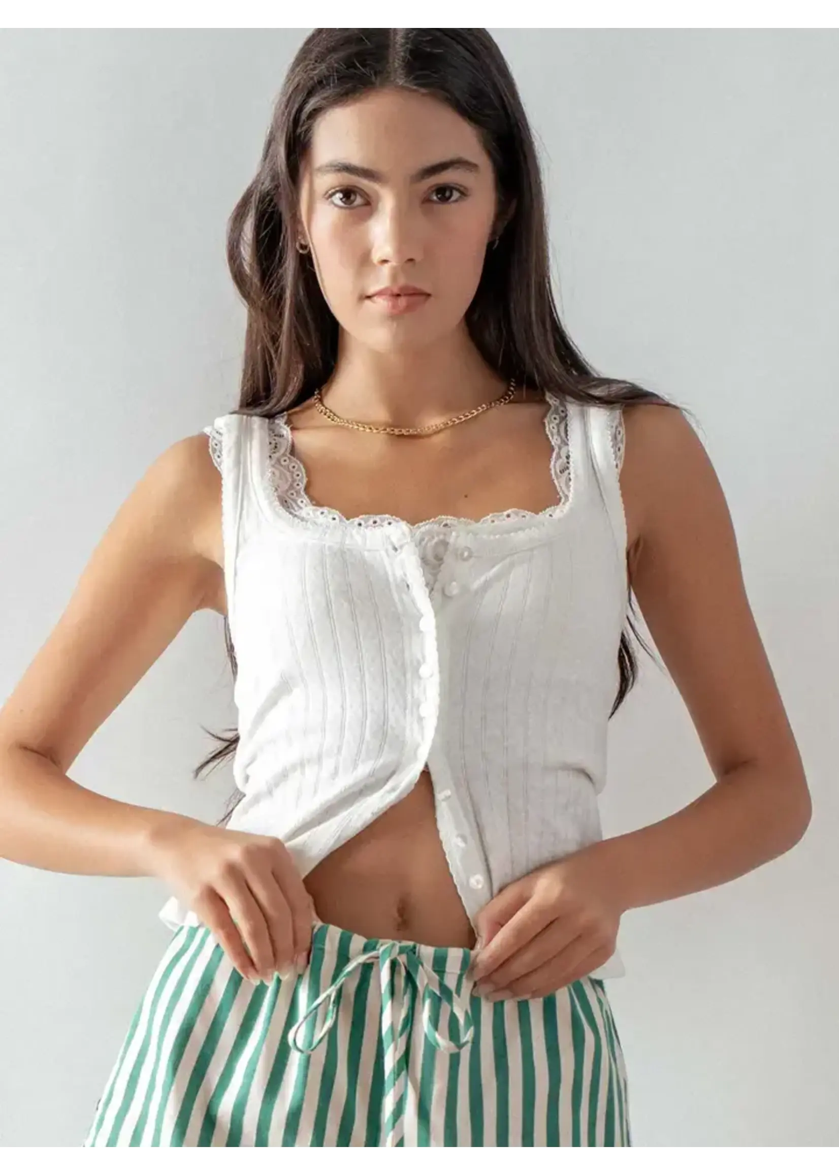 Urban Daizy UD Ribbed Cotton Button-Front Picot Trim Tank
