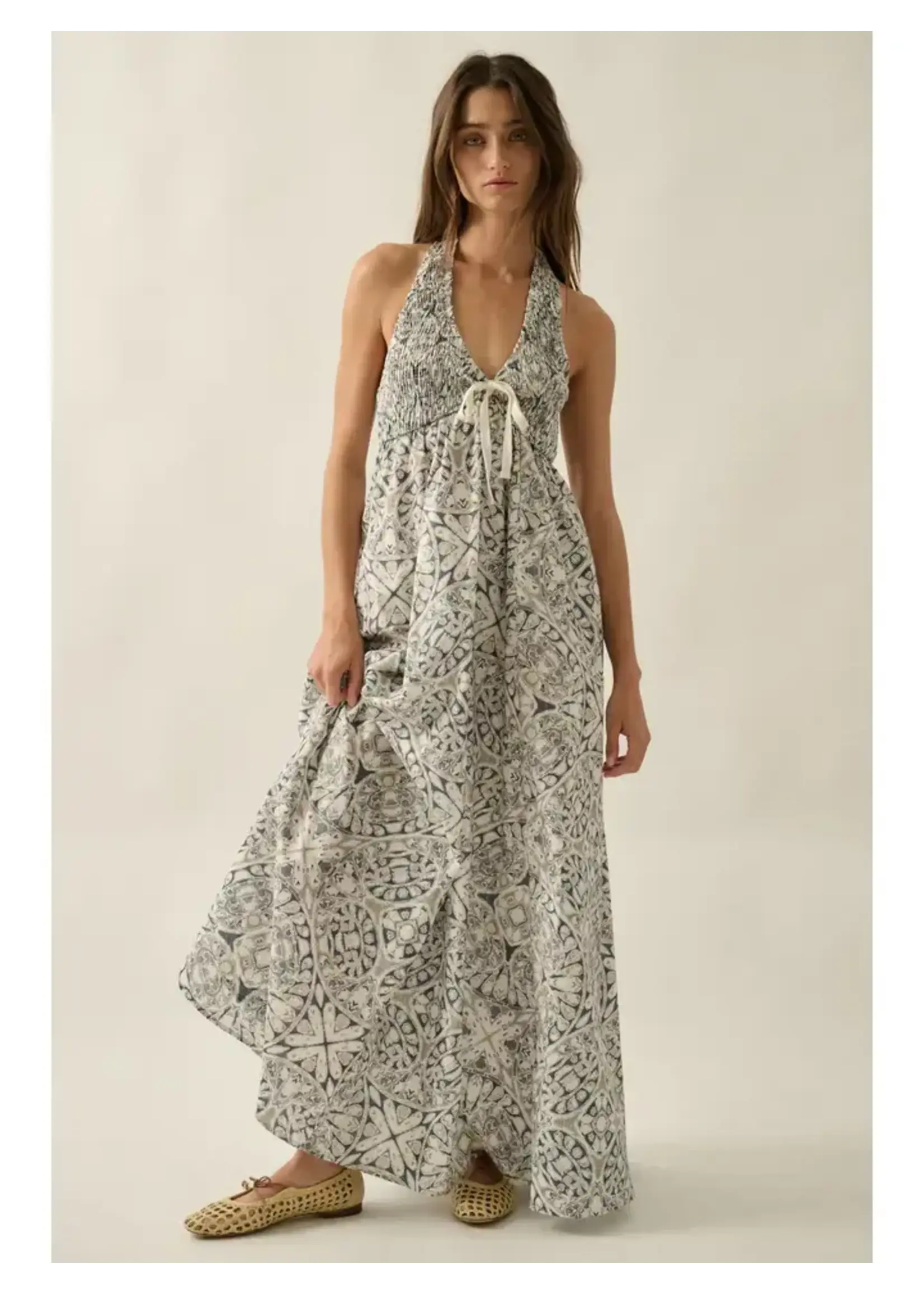 Promesa P Abstract Floral Smocked Halter Maxi