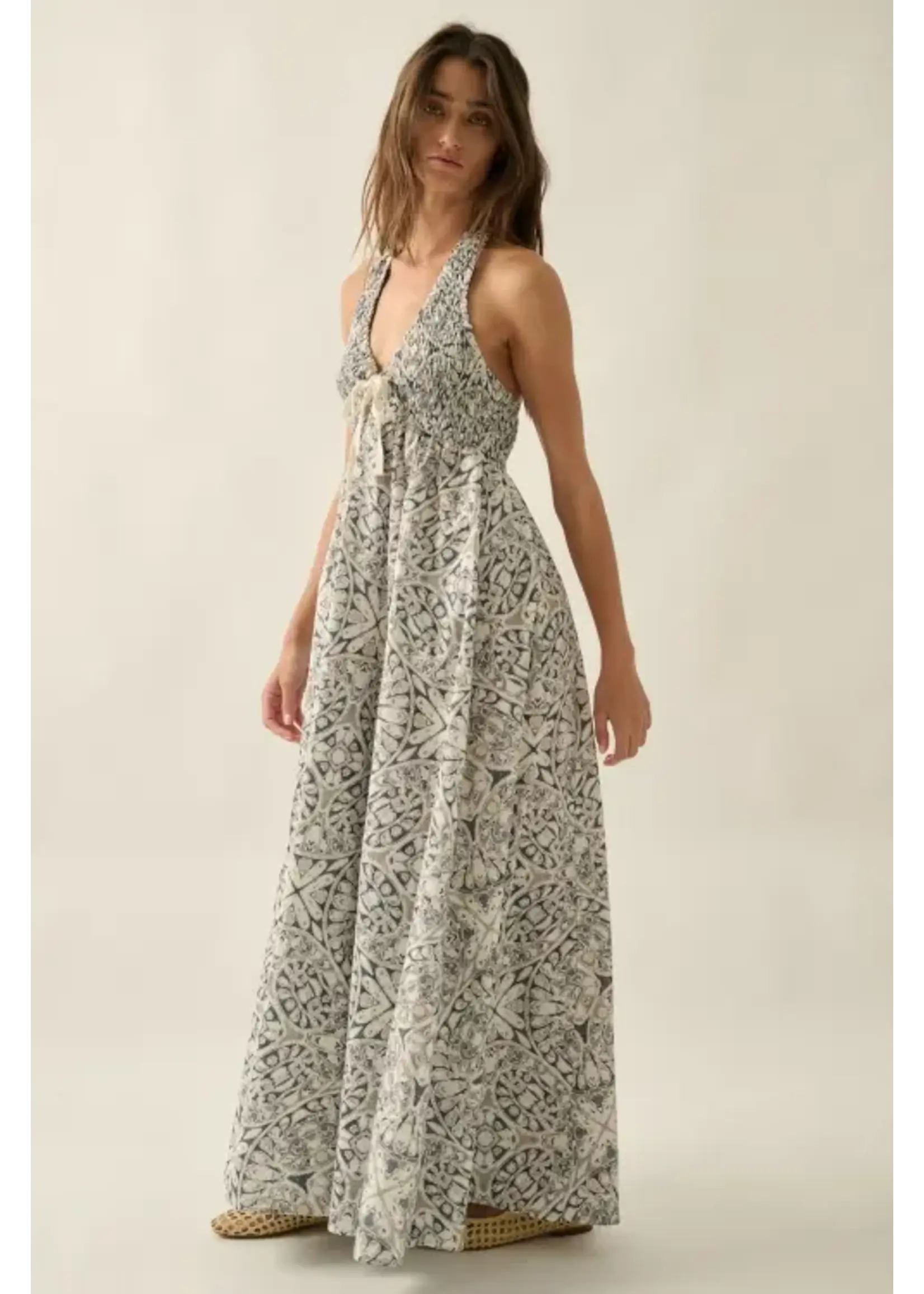 Promesa P Abstract Floral Smocked Halter Maxi