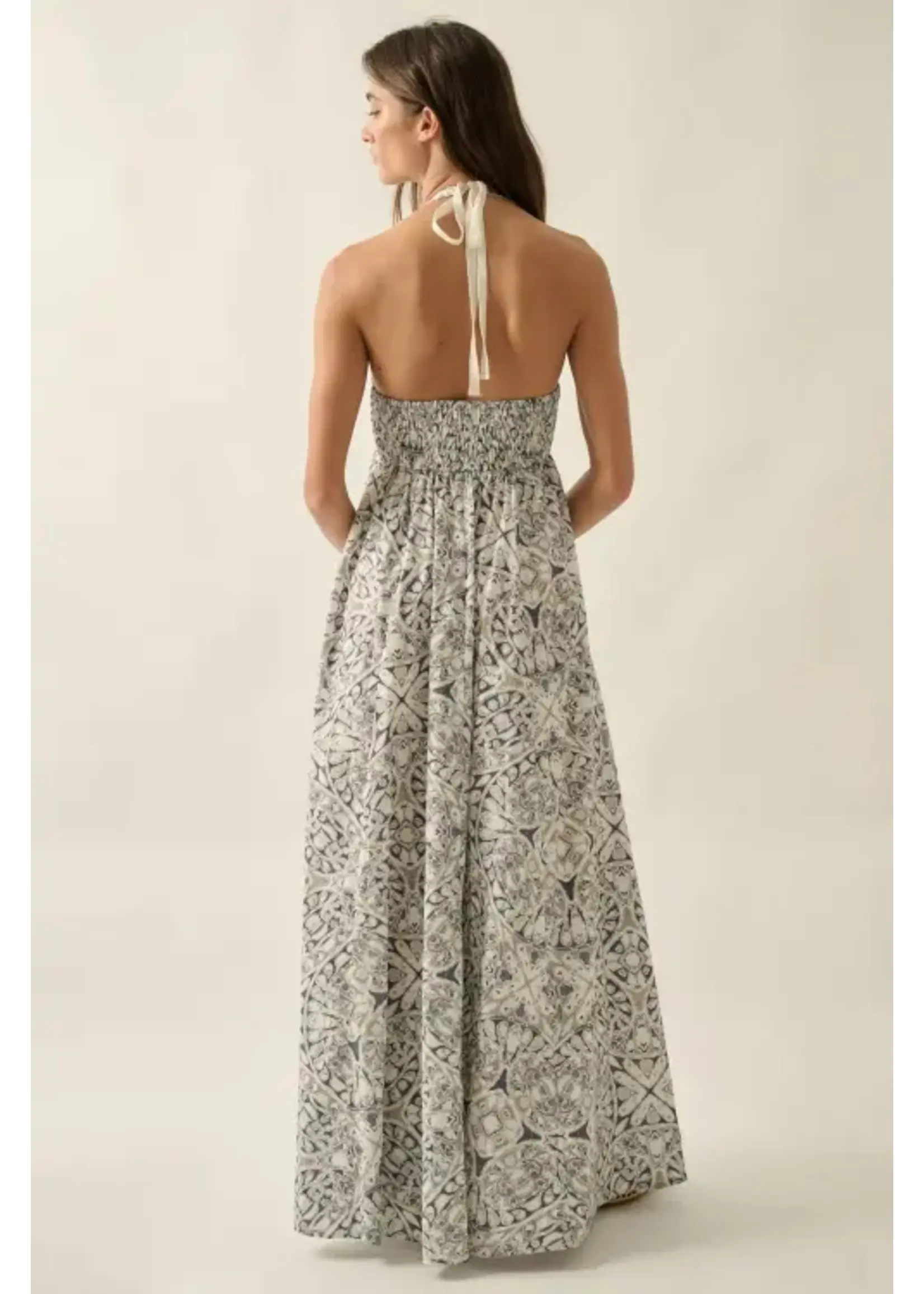 Promesa P Abstract Floral Smocked Halter Maxi