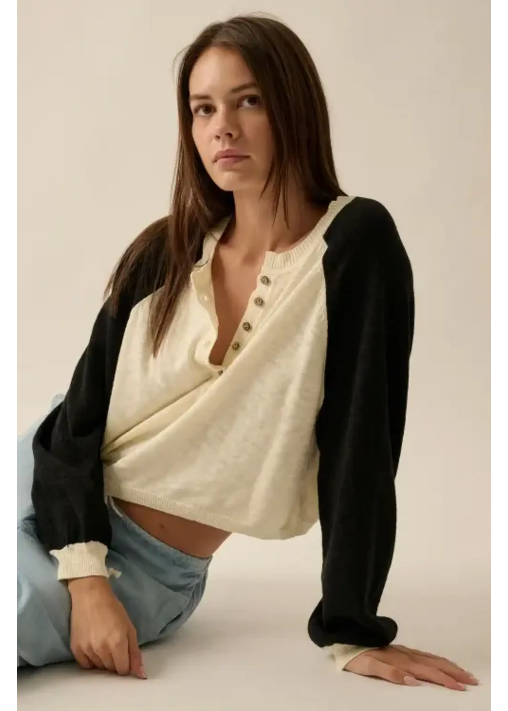 Promesa P Colorblock Slub-Knit Henley Raglan-Sleeve Sweater