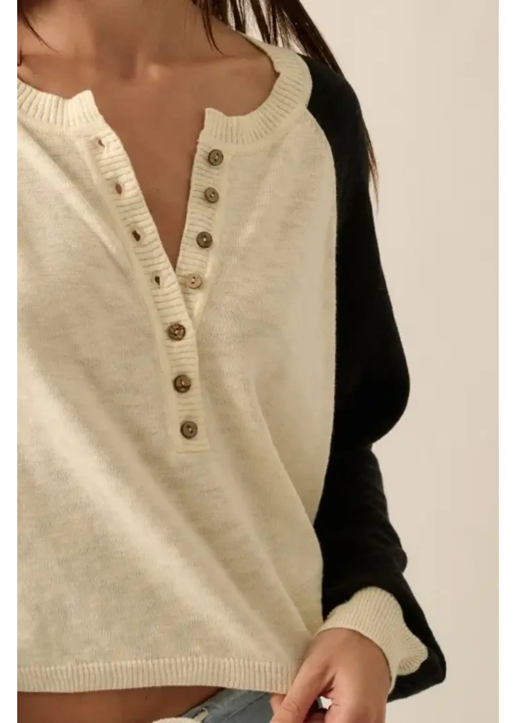 Promesa P Colorblock Slub-Knit Henley Raglan-Sleeve Sweater