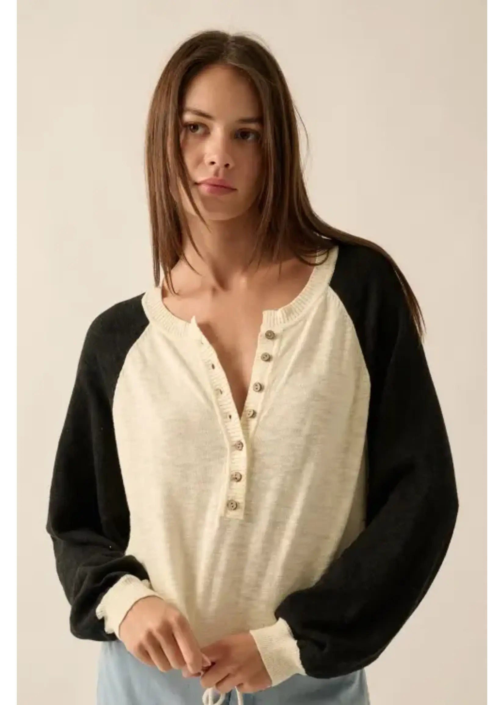 Promesa P Colorblock Slub-Knit Henley Raglan-Sleeve Sweater