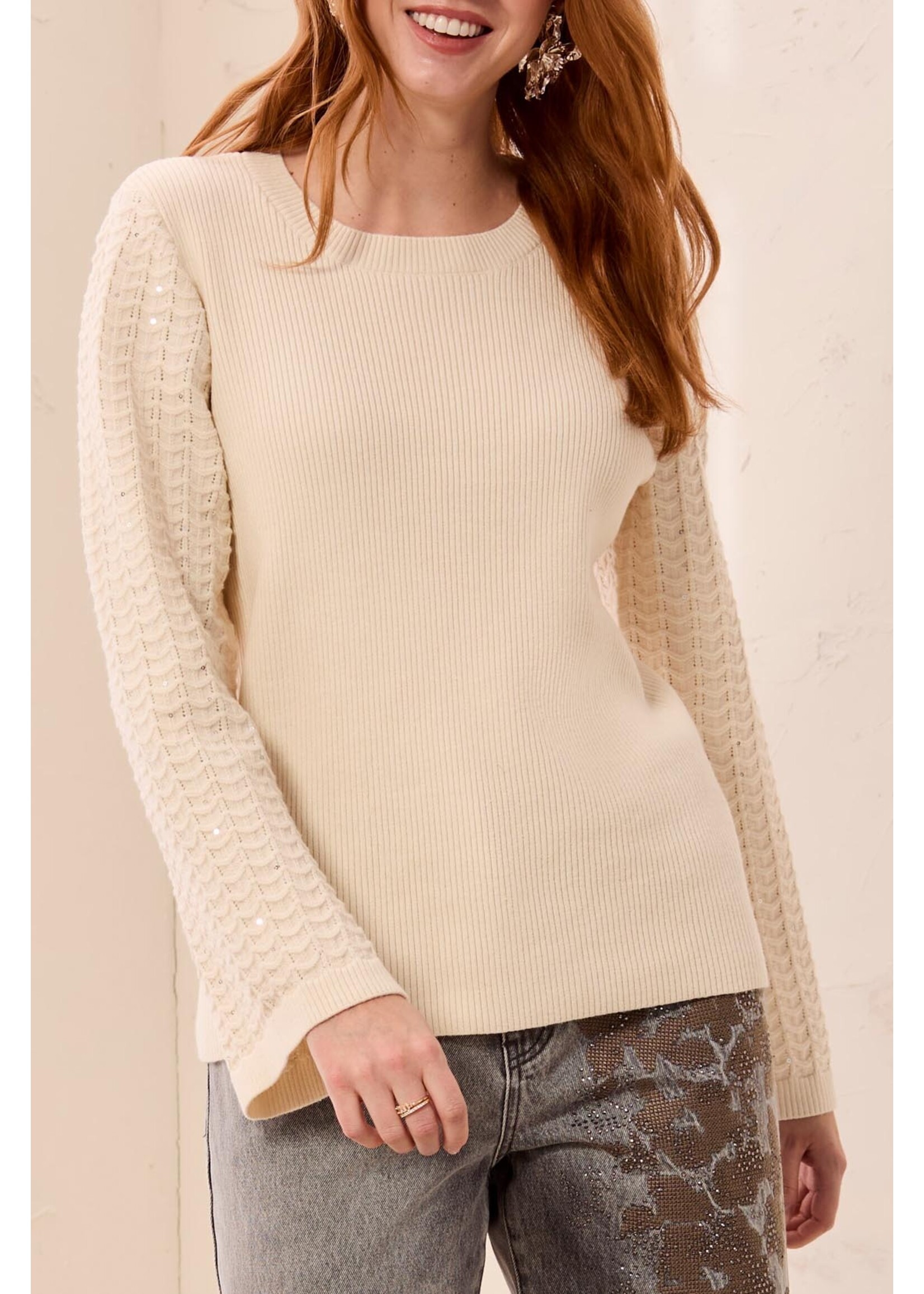 Tribal T Crew Neck Sweater w/Studded Slvs