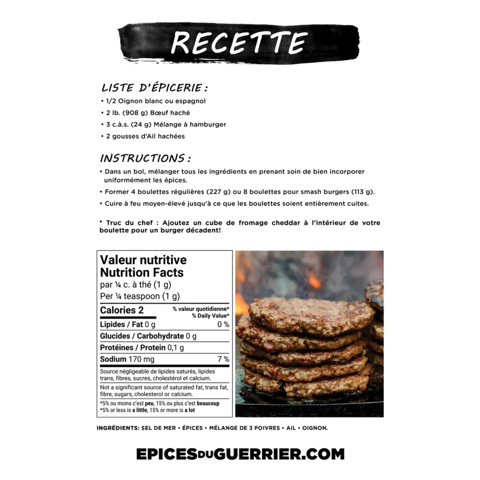 Épices Du Guerrier Mélange Épices  à Hamburger - 60g