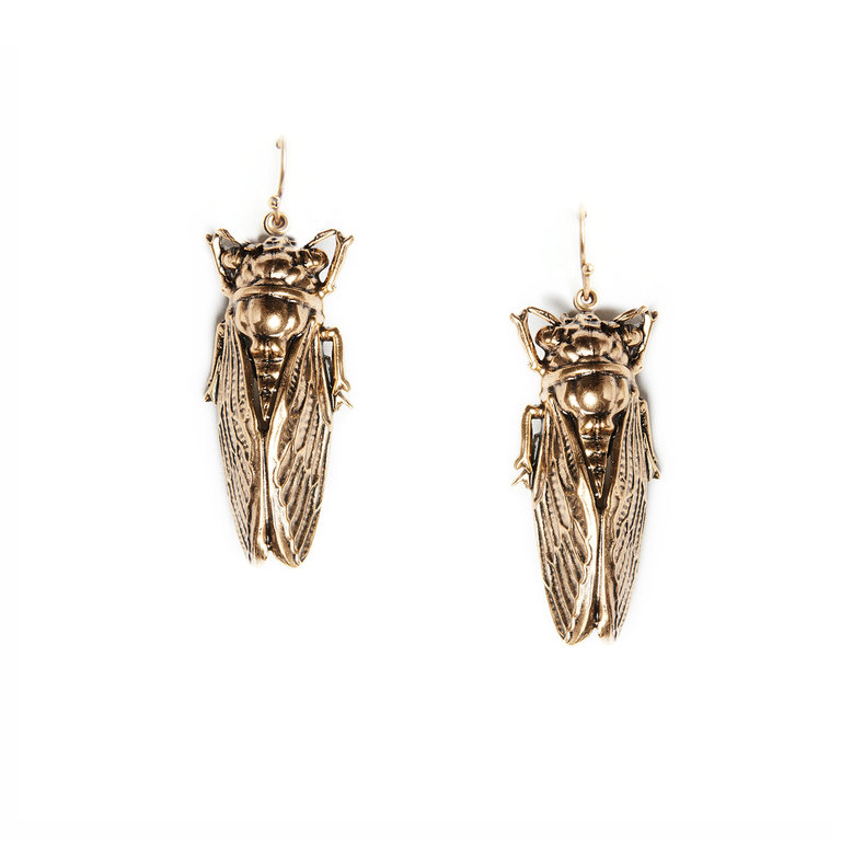Fallen Aristocrat Cicada Earrings, Antiqued Gold