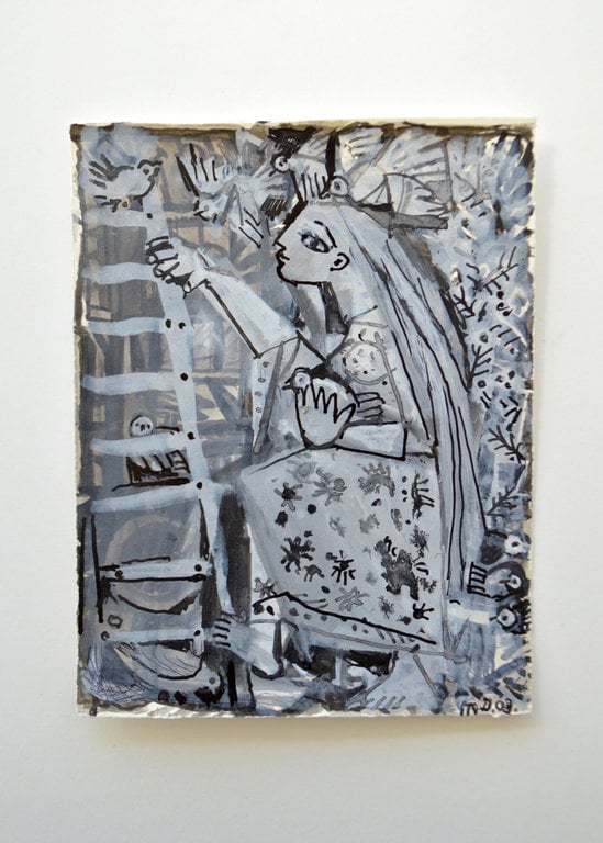 Raymond Debiève Framed Femme et Oiseaux (Woman and Birds), 2003