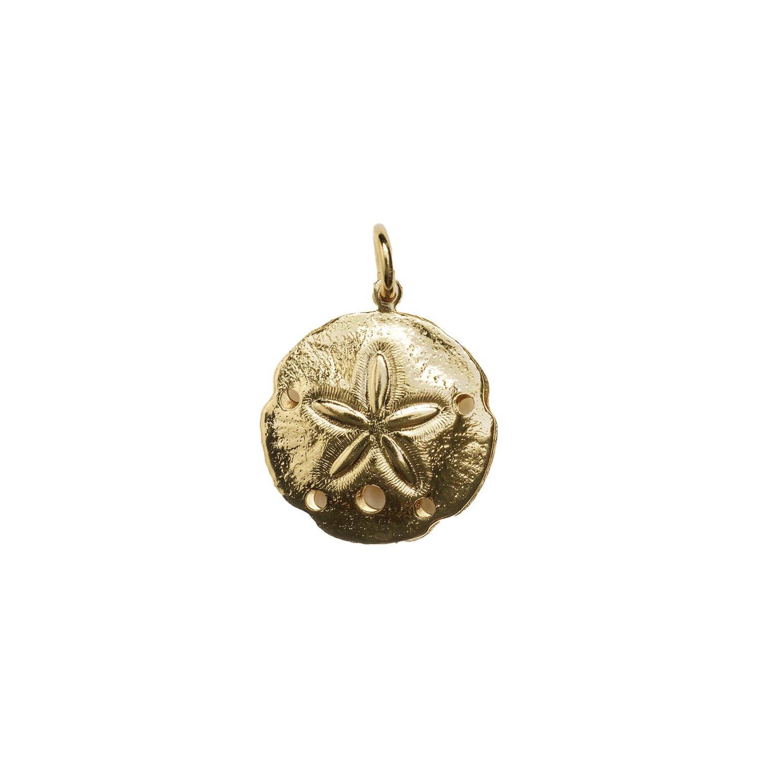 Small, bright gold, and shaped in a circle with 5 tiny holes in the shape of a star, this charm represents a sand dollar.