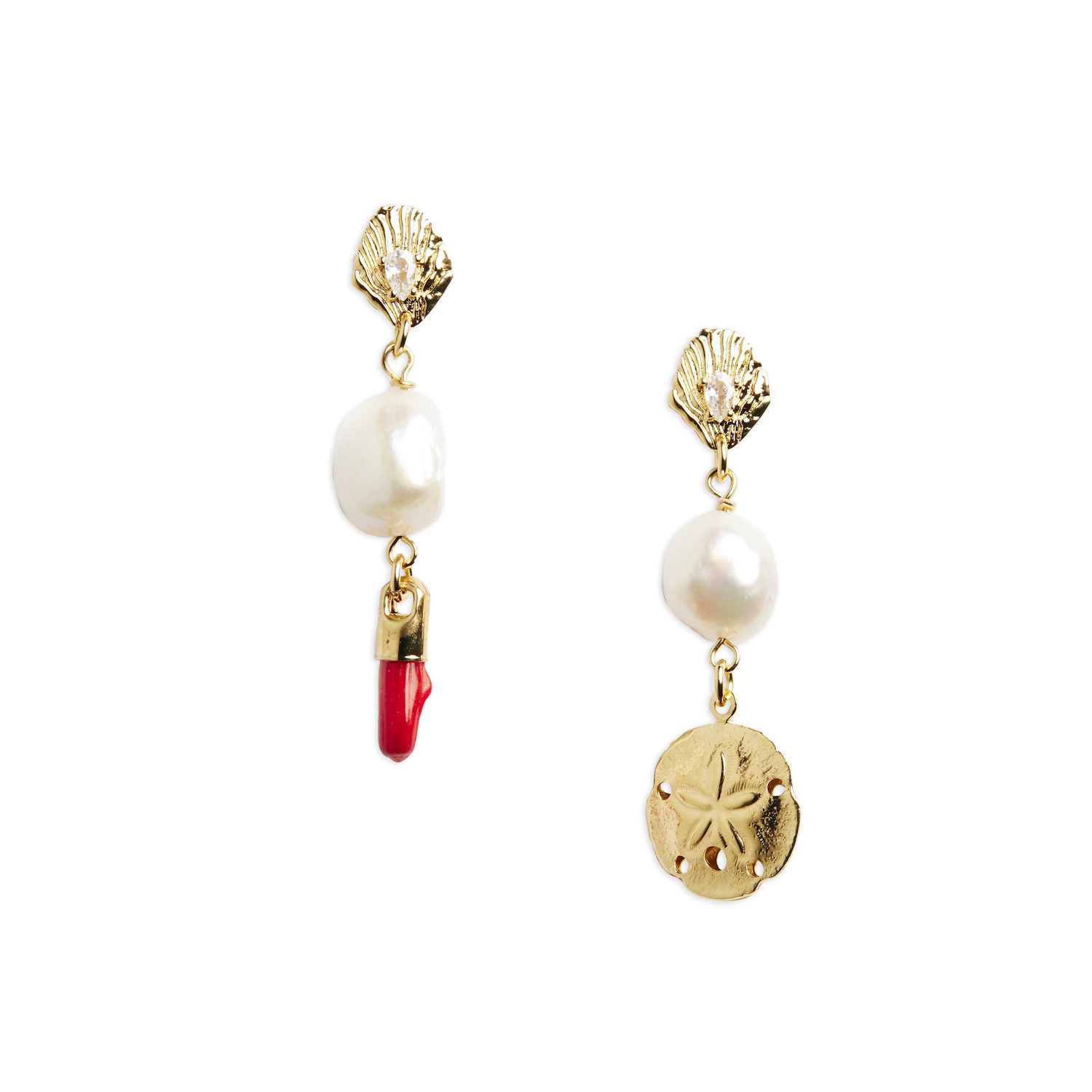 A pair of mismatched earrings each of which is topped by a tiny scallop shell. In three sections you have the shell at the top, then a freshwater pearl hanging from that, and attached to the bottom of the left is a piece of red, coral-shaped resin while the right has a small gold sand-dollar charm. 