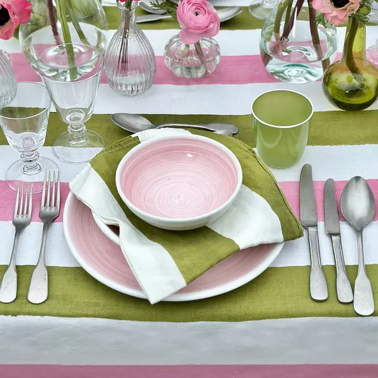 Pink and Green Striped Tablecloth