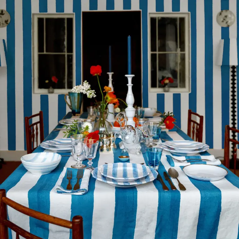 Blue and White Striped Tablecloth