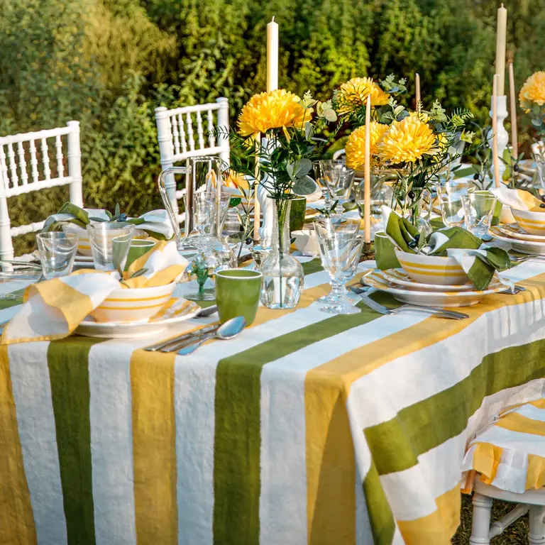 Yellow and Green Striped Tablecloth