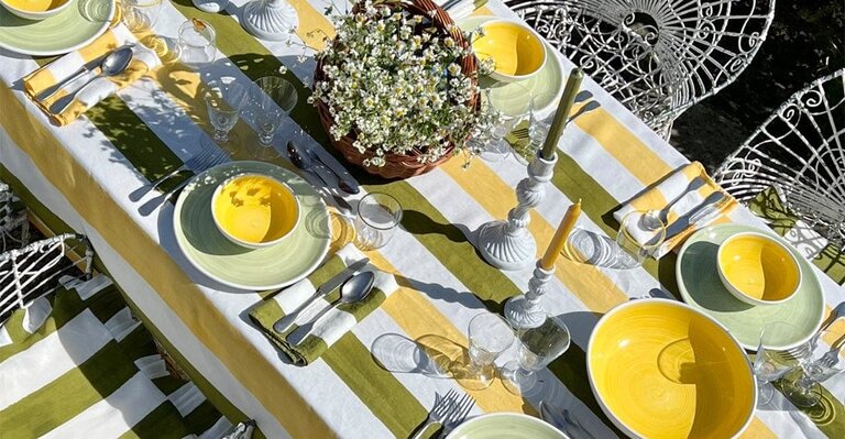 Yellow and Green Striped Tablecloth