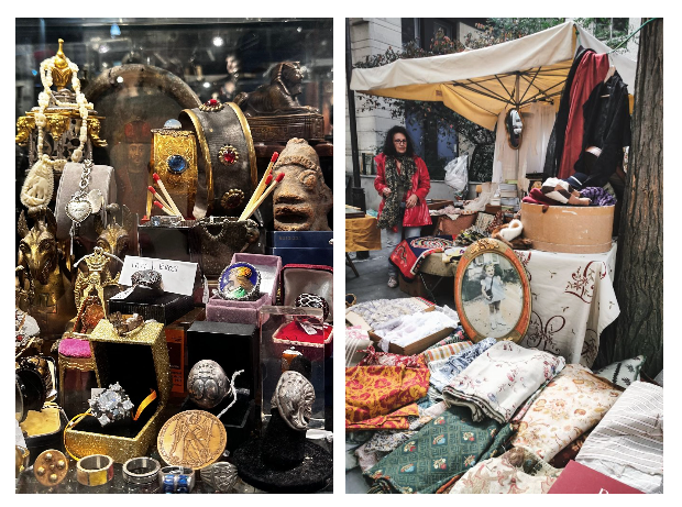 A colorful, messy ensemble of objects from jewelry to statues, paintings and photographs to various antique textiles. Market scenes from Paris. 