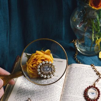 Fallen Aristocrat Pearl Lover’s Eye Brooch, Blue Iris Fallen Aristocrat Pearl Lover’s Eye Brooch, Blue Iris