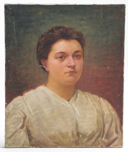 A white woman gazes into the distance against a soft blue-green background, her cheeks rosy and soft brown hair pulled up. Her countenance is soft, a soft white poet's blouse worn over her shoulders and open down her neckline. 