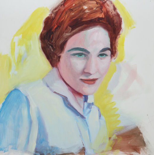 A young woman with vivid, aquamarine eyes is depicted wearing a reddish-orange headscarf standing over a pop of yellow in the back. The artist's technique for capturing the woman’s pale skin in shades of pink highlighted by green and blue is akin to Renoir’s bathers. It’s joyful and a touch contemplative, making it a perfect addition to a young professional’s home office or an airy, light kitchen space. 
