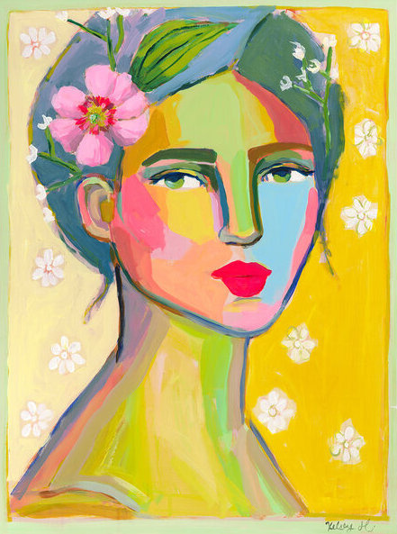 Romantic and soft, this print features a marigold-yellow background peppered with daisies, a woman tinted green, blue, and pink taking the central focus. She's not quite smiling, a pink flower tucked in her hair. 