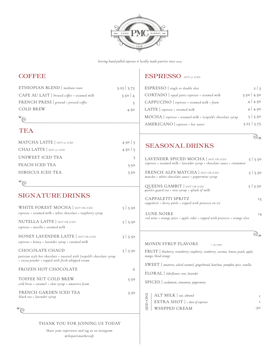 The Paris Market Cafe Menu page 1