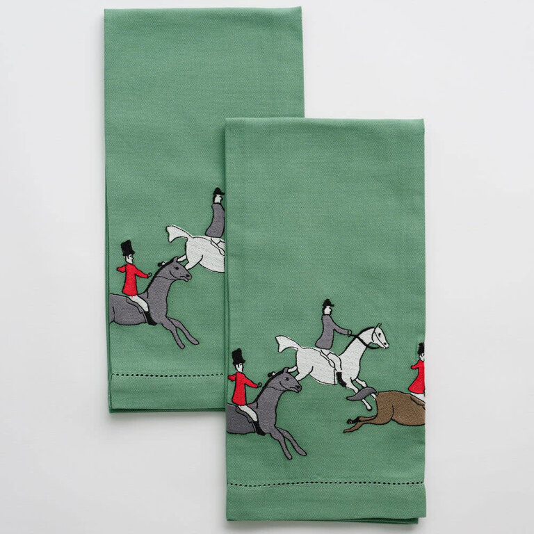 Green Embroidered Hunt Scene Tea Towel