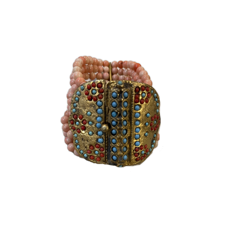 Light Pink, Turquoise & Red Beaded Cuff