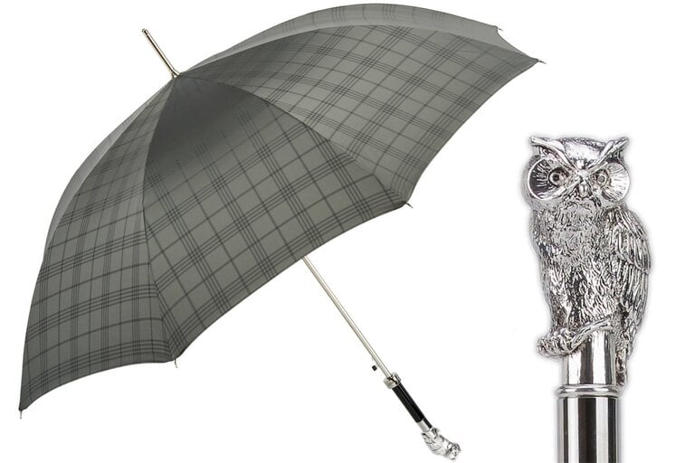 Silver Owl Umbrella with Grey Plaid