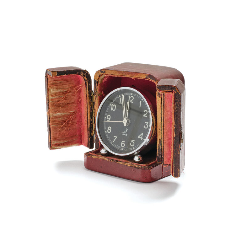 Vintage Silver Alarm Clock in Leather Case