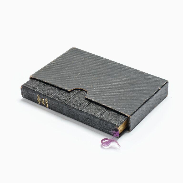 Antique Black Leather Missel In Case, With Memorabilia