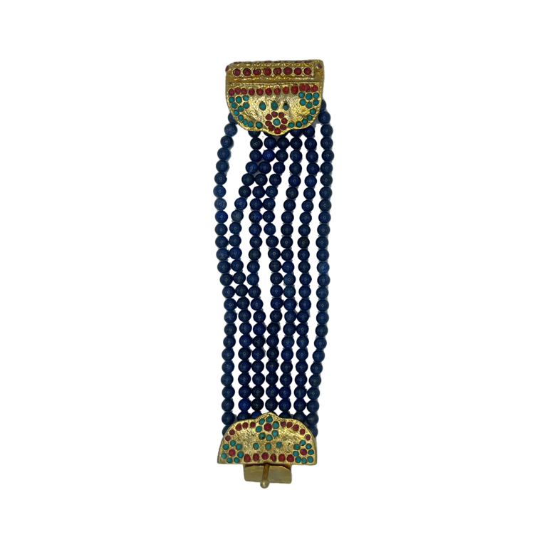 Navy with Gold & Turquoise / Red Stones Beaded Cuff