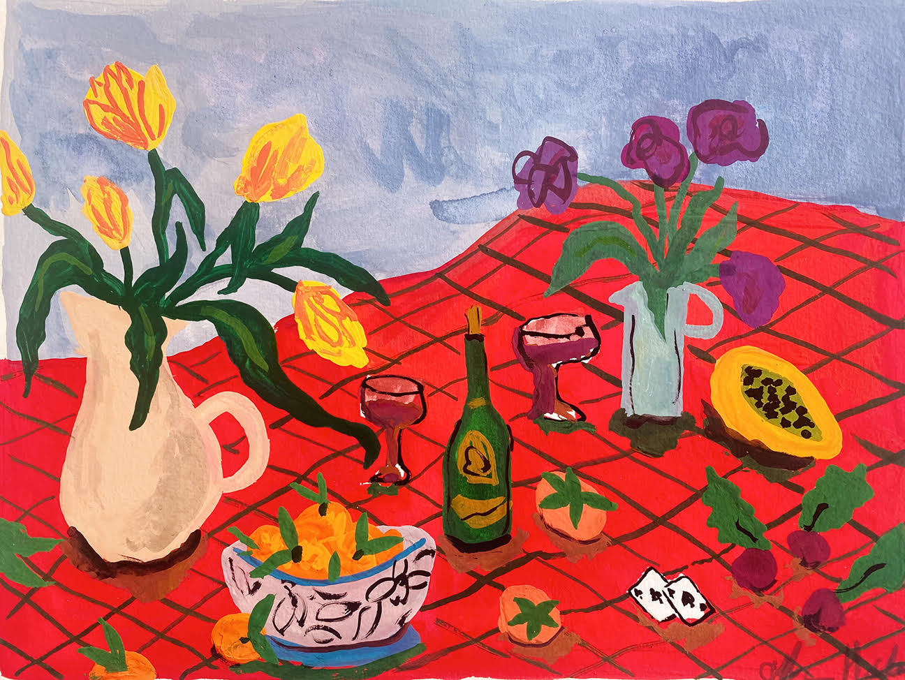 This is a painting with a red checked tablecloth and a picnic scene, featuring tomatoes, cards, wine bottles, etc.