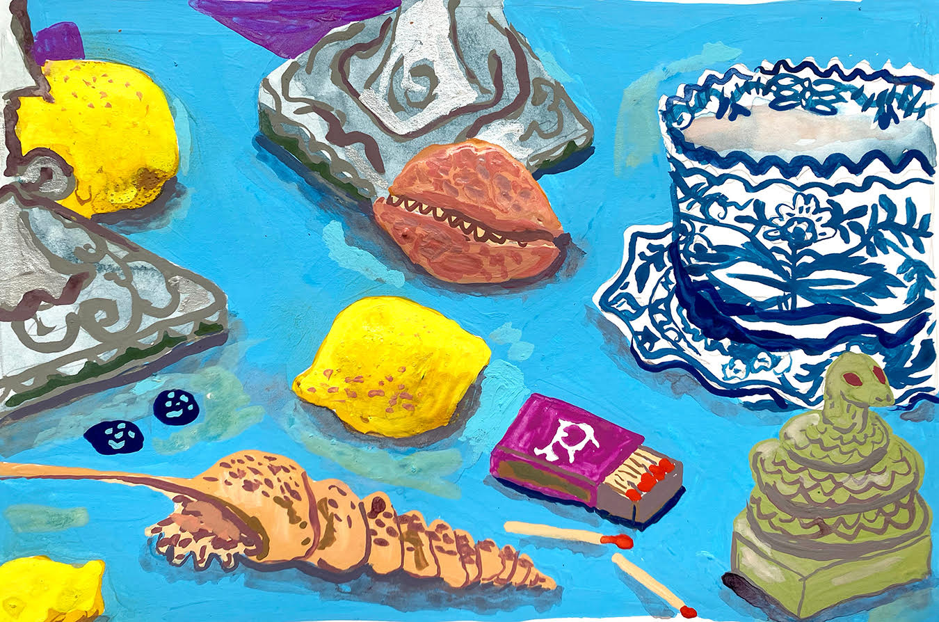 A painting of a bright, blue background covered in objects: matchbox, croissant, other pastries, etc. 