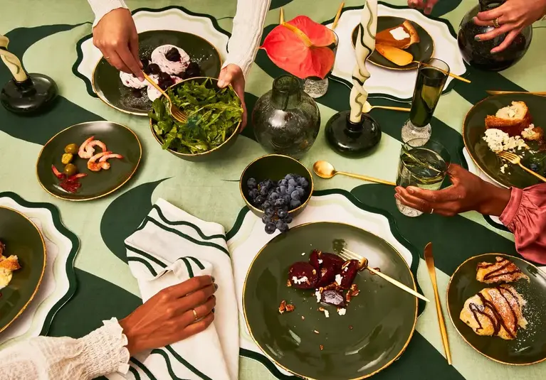 Colorblock Embroidered Linen Placemats in Dark Green/Sage