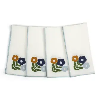 Floral Embroidered Linen Dark Blue Napkin
