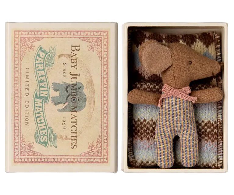 Maileg Rose Baby Sleepy Wakey Mouse in Matchbox