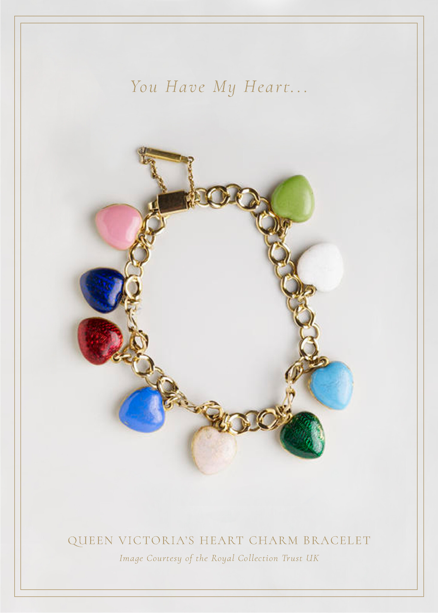 Charm bracelet with multi-colored heart-shaped stones