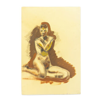 Watercolor Nude Woman Kneeling Brown Charles Schwalberg
