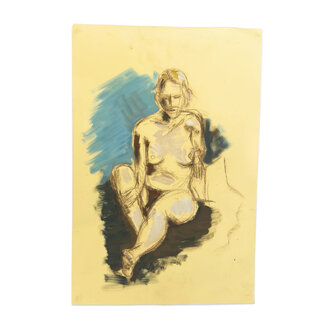 Watercolor Nude Woman Sitting with Blue Charles Schwalberg