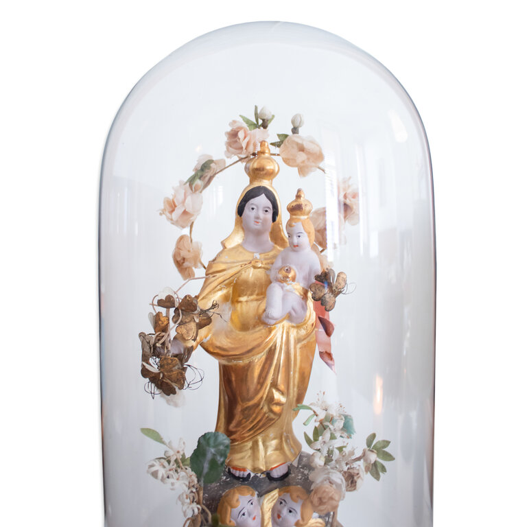 Religious Plaster Female Statue in Cloche Dome, 19th Century