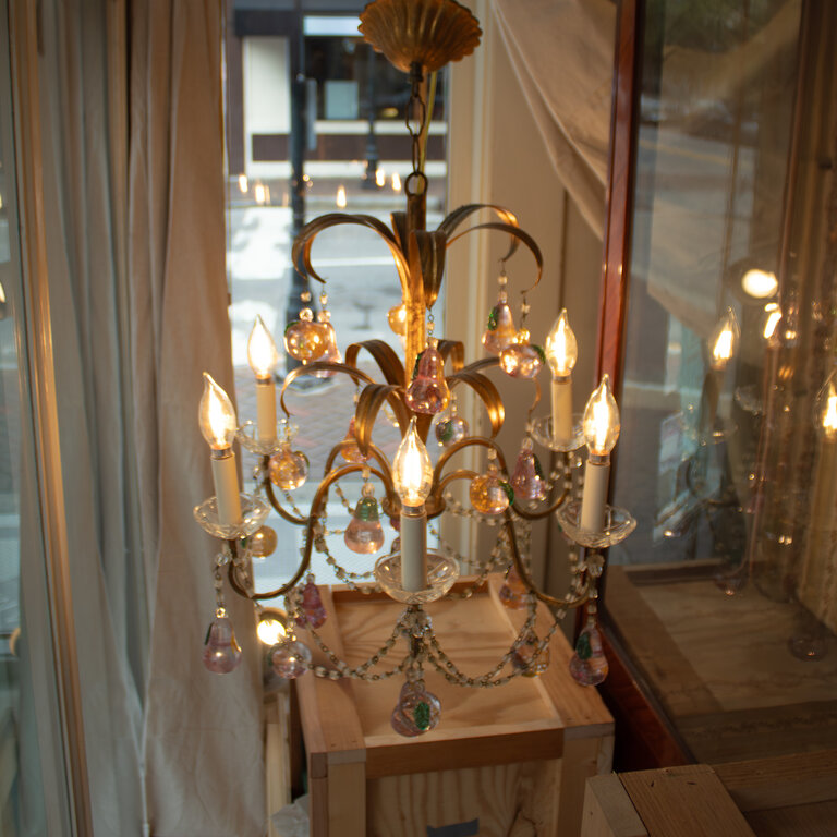 French Brass Chandelier with Glass Fruit, Early 20th Century