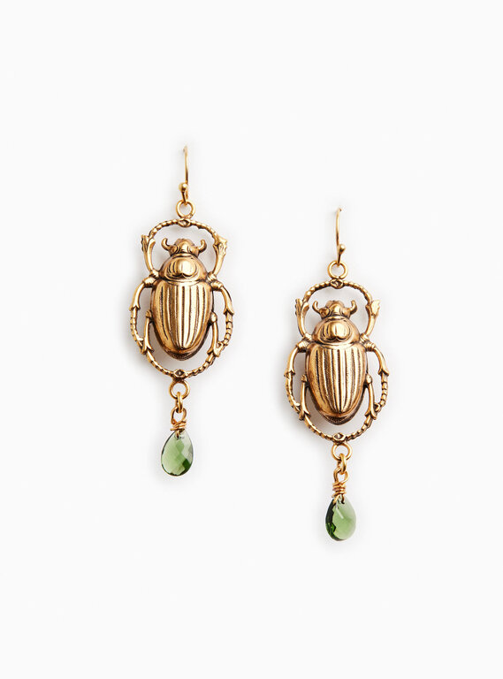 Fallen Aristocrat Scarab Earring with Emerald Colored Semi-Precious Stone