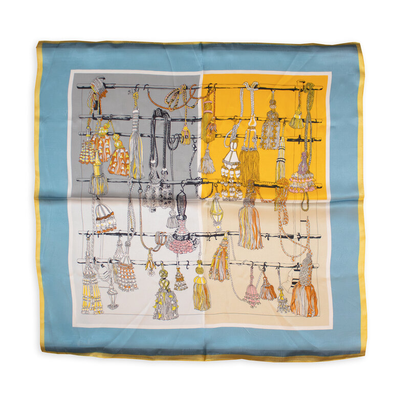 Maison Fanli  Blue & Yellow Tassels Silk Scarf