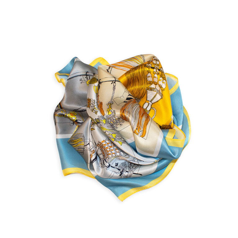 Maison Fanli  Blue & Yellow Tassels Silk Scarf