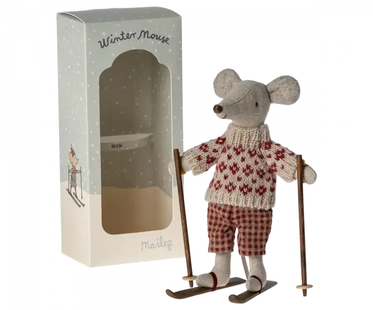 Winter mouse with ski set, Mum - Red