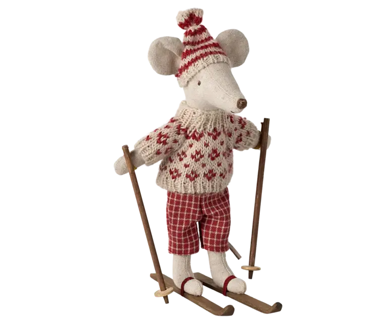 Maileg Winter mouse with ski set, Mum, Red