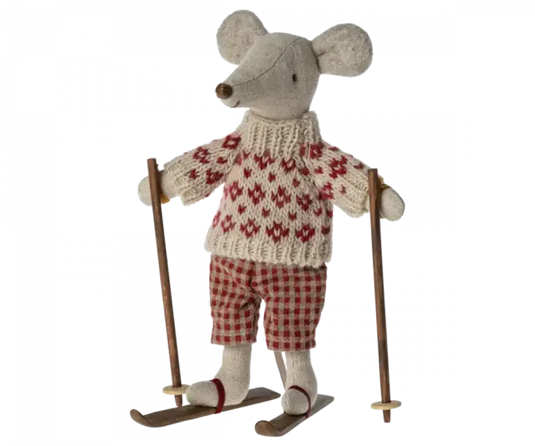 Winter mouse with ski set, Mum - Red