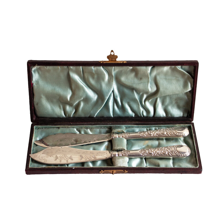Silver Serving Knife Pair in Burgundy Box