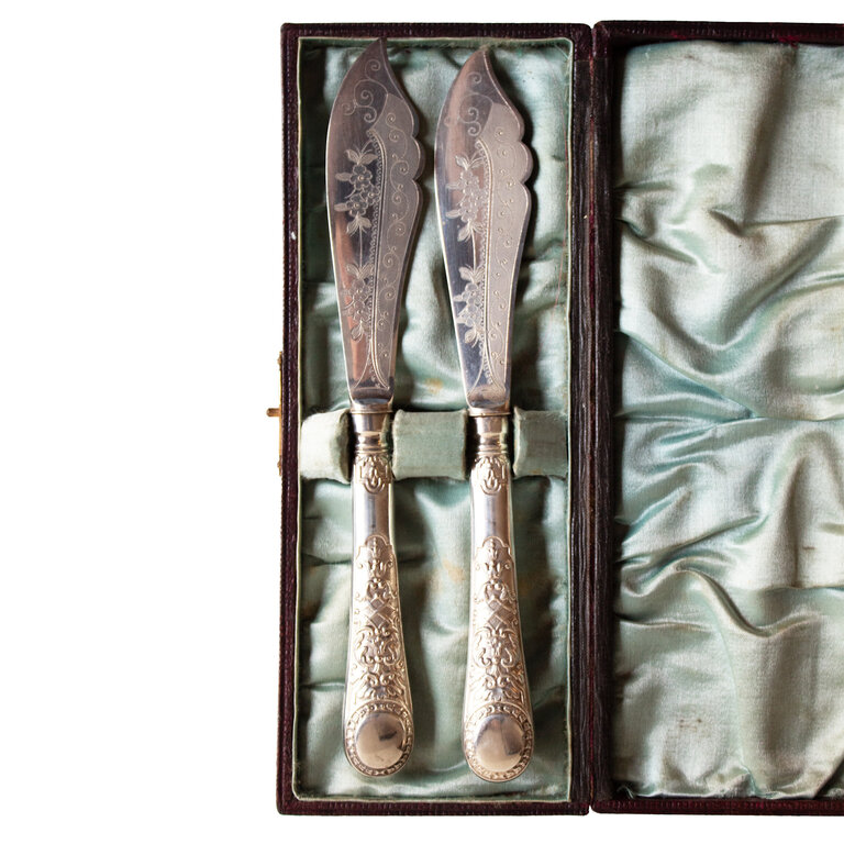 Silver Serving Knife Pair in Burgundy Box
