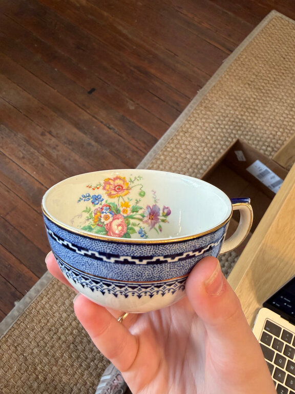 Blue & White Teacup W/ Floral interior