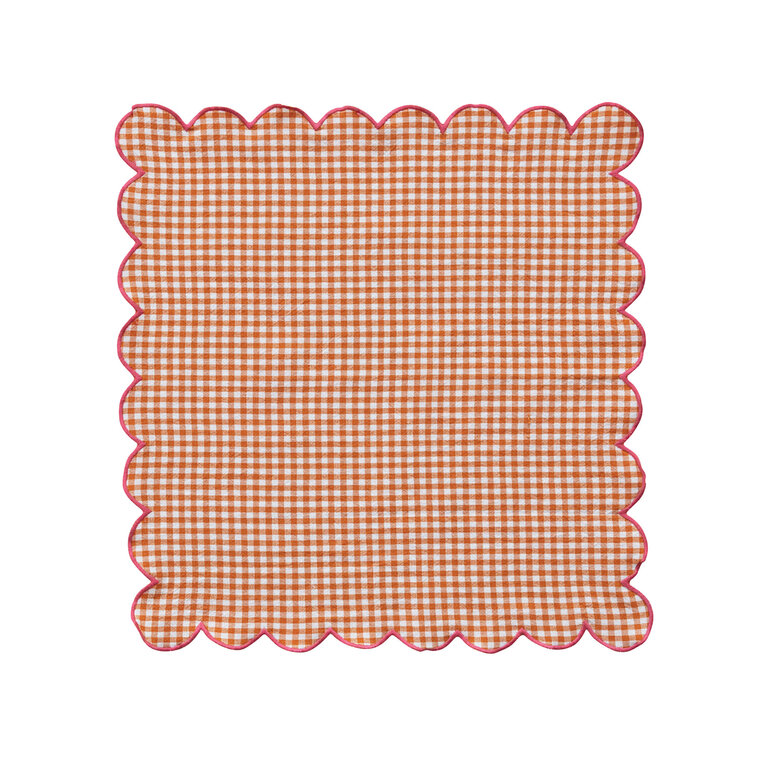 Cotton Scalloped Napkin with Orange Check